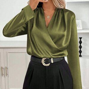Army Green Casual Women's Satin Criss-Cross Blouse Top